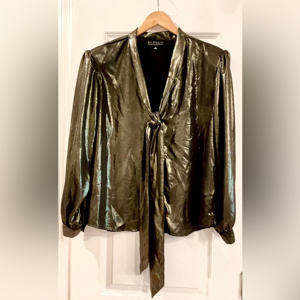 Eloquii Shoulder Pad Gold Metallic Tie-Front Button Down Disco Blouse